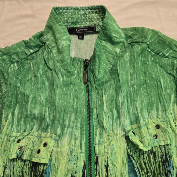 Cativa Wearable Art Jacket Blue Green Abstract Crinkle Mesh Back Sz XL Dopamine - Picture 2 of 12